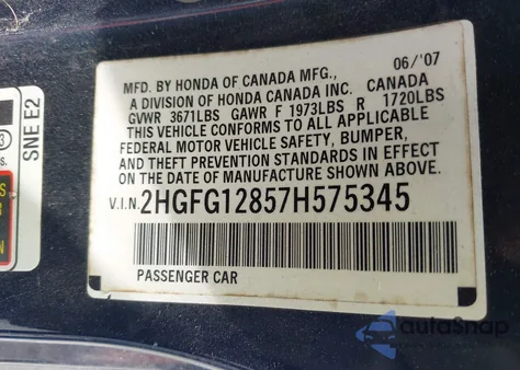 2007 Honda Civic Ex from USA, damaged, VIN 2HGFG12857H575345